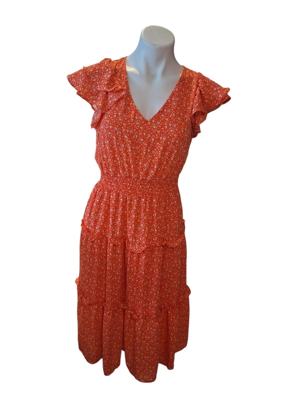 Jessica Simpson Orange Floral V-Neck Tiered Midi Dress